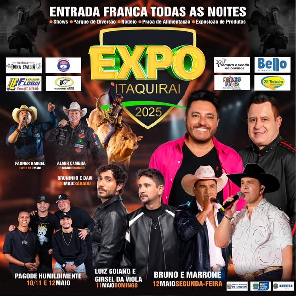Logo DestaqueItaquirai ExpoItaquiraí 2025 promete agitar a cidade com grandes shows, rodeio e muita diversão! por Folha do Conesul 8 de abril de 2025 0 216 A contagem regressiva começou! De 10 a 12 de maio, Itaquirai vai viver três dias inesquecíveis com a ExpoItaquiraí 2025, um dos maiores eventos culturais e festivos da região. Com uma programação recheada de música de qualidade, rodeio profissional, exposição de produtos locais e gastronomia típica, a festa promete atrair milhares de pessoas ao Parque de Exposições. E prepare-se, porque os shows deste ano estão imperdíveis: Sexta-feira (10/05): Bruninho & Davi Domingo (11/05): Luiz Goiano & Girsel da Viola Segunda-feira (12/05 – véspera de feriado): Bruno & Marrone Além dos shows que vão fazer o público cantar junto, todas as noites terão rodeio profissional de altíssimo nível, com narração dos renomados Fagner Rangel e Almir Cambra. A festa ainda conta com uma praça de alimentação completa e uma exposição de produtos locais, valorizando os talentos e empreendedores da cidade. O prefeito Thalles Tomazelli falou com entusiasmo sobre o evento e fez um convite especial à população: “A ExpoItaquiraí é mais que uma festa: é um momento de celebrar a nossa cultura, gerar empregos e movimentar a economia local. Preparamos tudo com muito carinho para que seja um evento seguro, animado e inesquecível. Traga sua família, seus amigos e venha viver essa grande festa com a gente!”, convidou o prefeito. Com entrada gratuita e uma estrutura planejada para receber bem o público, a ExpoItaquiraí 2025 já é o evento mais aguardado do ano. Vista seu chapéu, prepare o coração e venha fazer parte dessa festa que é a cara de Itaquirai!